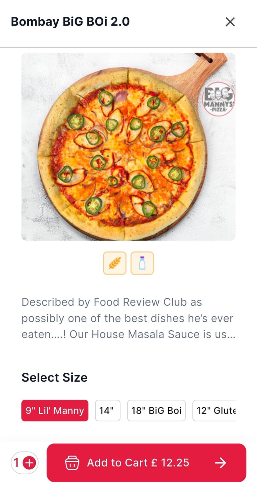 Mobile app product detail with pizza size selector